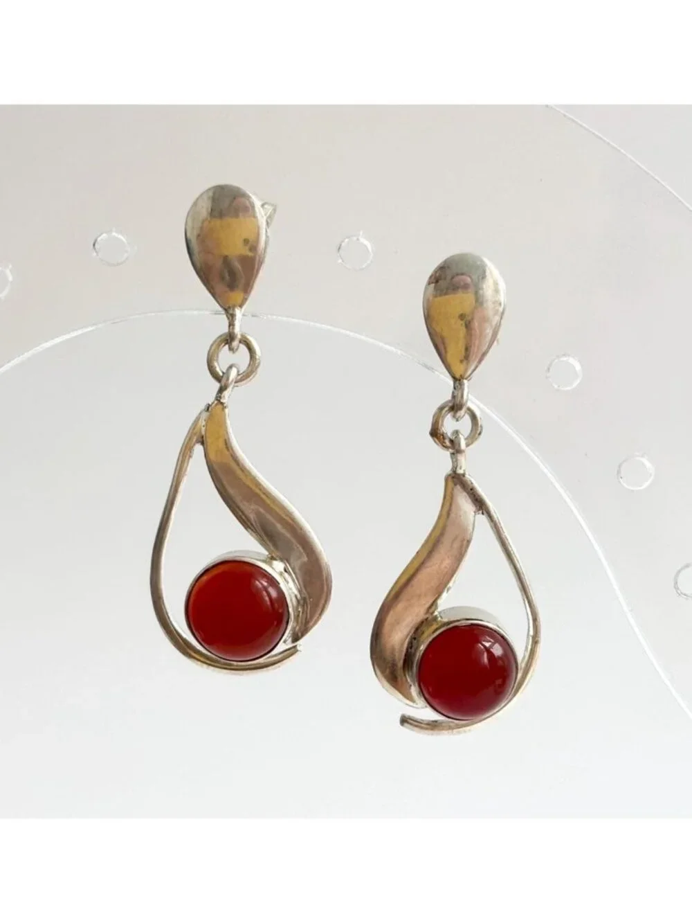 Carnelian Stone Midcentury Modern Stylized Vintage Sterling Silver 925 Earrings